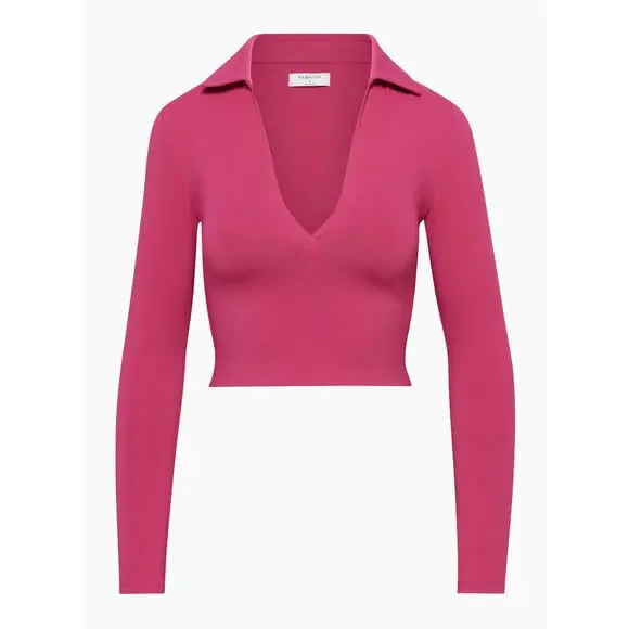 BABATON Pink Collared Contour Cropped Long Sleeve Polo // XS - Picture 1 of 9